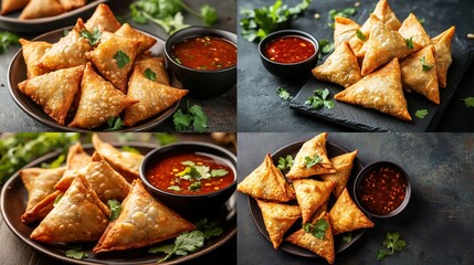 Four close-up shots of golden-brown samosas arranged on dark plates, served with vibrant red dipping sauces and garnished with fresh cilantro. 
