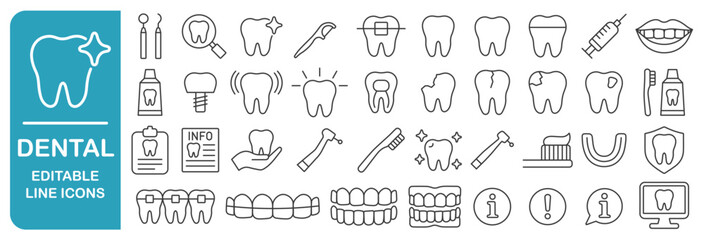 Dental care editable line icons set.  Dentist, oral health logo sign collection. Icon tooth, teeth, caries, implant, dentures.  Vector illustration image. Isolated on white background.