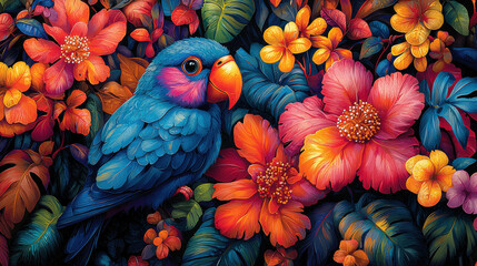 Fototapeta premium A kaleidoscope of vibrant colors unfolded, featuring lush jungle foliage, exotic birds with plumage like jewels, and the playful antics of monkeys swinging through the canopy 