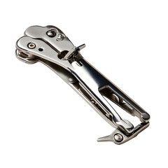 A sleek modern corkscrew with a polished stainless steel finish, isolated on a transparent background. --v 7.0