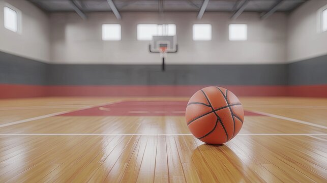 Basketball on Court with Empty Gym Background and Low Lighting