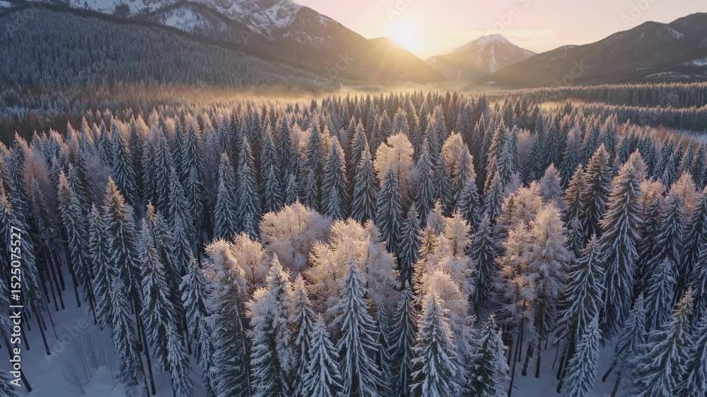 Poster winter landscape with snow-covered trees and mountains during sunset in a serene forest setting