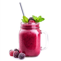 Mason jar with a berry smoothie isolated on white