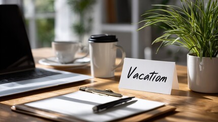 Vacation Notice Card On Office Desk With Coffee
