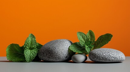 Gray rocks, with mint leaves and green plants next to them, against an orange wall. 8