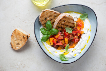 Ricotta dipping sauce with chopped tomatoes on a light-beige stone background, horizontal shot, high angle view