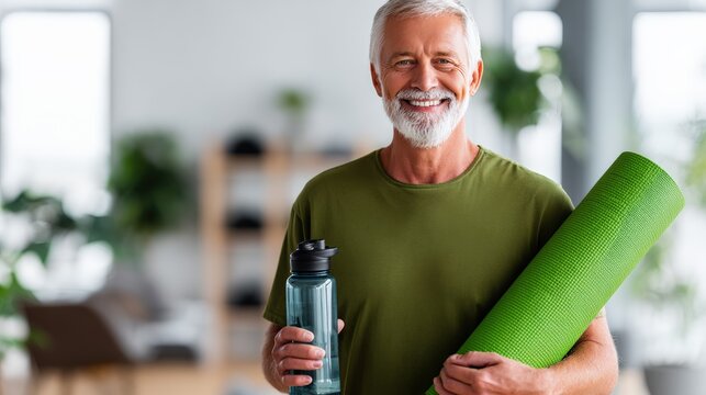 Senior Man Smiling with Yoga Mat and Water Bottle