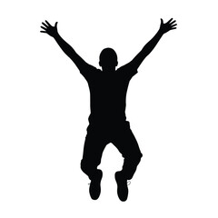 Silhouette of a man jumping with arms raised in celebration and excitement