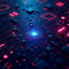 Fototapeta premium Electronic circuit board background with close-up of computer motherboard components, showcasing digital technology and semiconductor chips