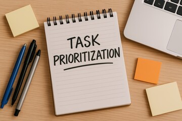 Task Prioritization Notebook On Wooden Desk
