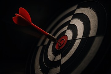 Red Dart Hitting Bullseye On Target Board In Dark Background