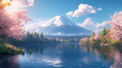 A majestic Mount Fuji, its peak kissed by the sun, stands tall as a silent sentinel over a serene lake, its shores adorned with vibrant blooms and verdant trees, painting a breathtaking panorama 