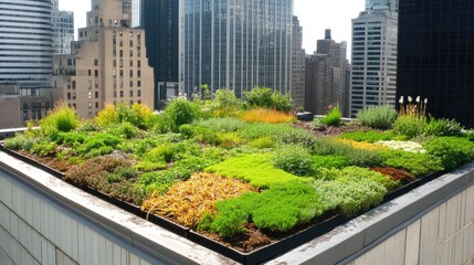 Fototapeta premium Vibrant Urban Rooftop Garden with Lush Greenery and Cityscape View
