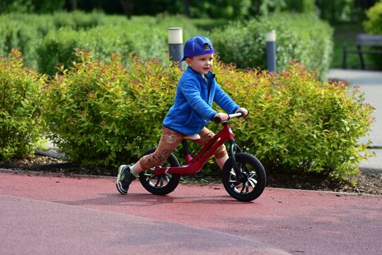 Young toddler boy riding a balance bike on a park playground. Child wearing cap and sporty outfit enjoys outdoor fun and physical activity on a sunny day.