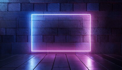 Neon Glowing Gradient Blue Purple Laser Sci Fi Retro Futuristic Rectangle Frame Shaped Light On Concrete Tiled Wall Cement Concrete Glossy Floor Dark Tunnel Room 3D Rendering.