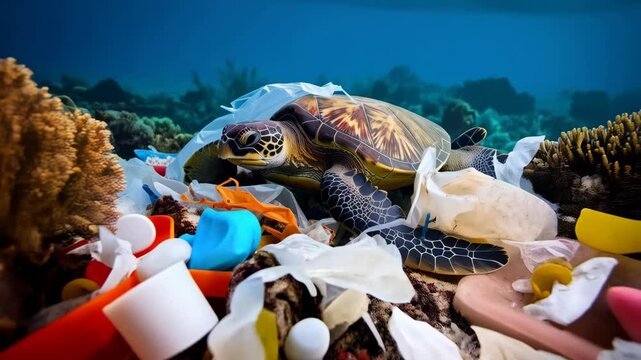 Sea turtle swims through plastic waste in ocean environment, highlighting dangers of pollution for marine life in underwater scene.