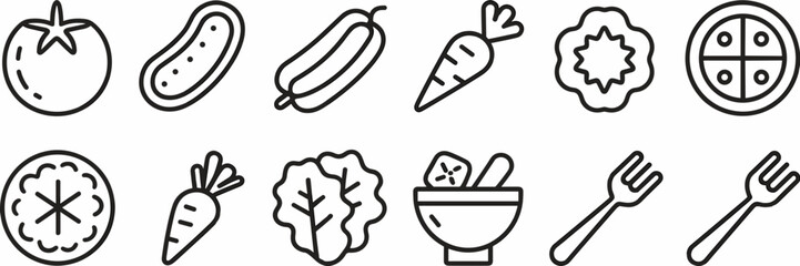 Black and white salad ingredient icon sheet in grid layout