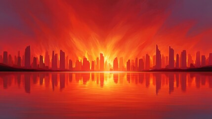 Fototapeta premium Vibrant City Skyline Silhouetted Against Fiery Sunset Reflected in Calm Water Evoking Chaos and Beauty
