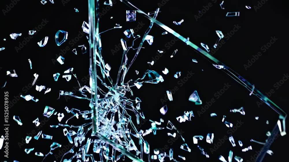 Poster Shattered glass displays dynamic breaking patterns in a dark setting