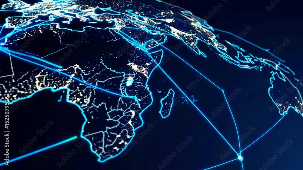 Poster Global network connectivity through illuminated world map showcasing major cities and data flow across continents