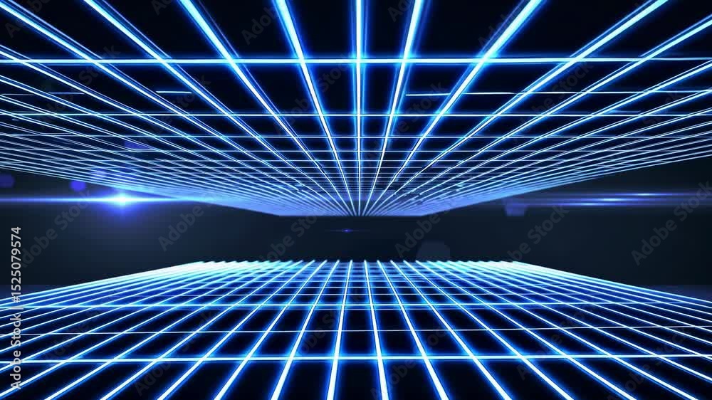 Poster exploring a futuristic grid landscape with vibrant blue lights and perspective depth