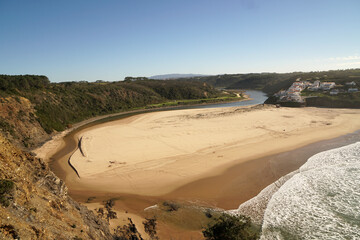 Odeceixe Beach and river seen from above                               