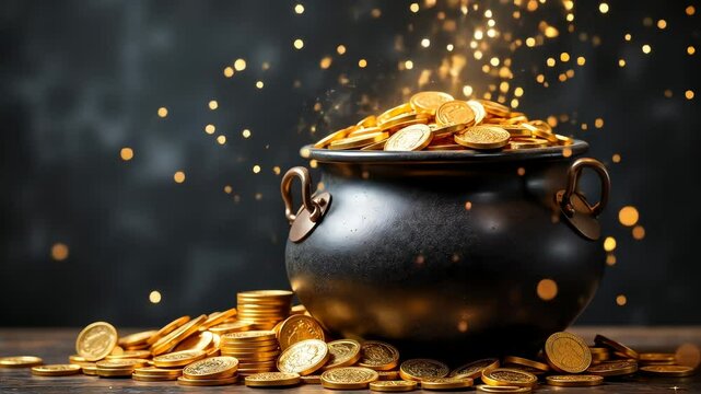The slow motion fall of the glittering particles onto the Black Pot filled with gold coins
