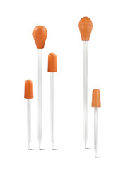 Set of glass droppers with orange rubber bulbs in various sizes, isolated on background for laboratory, cosmetic, or pharmaceutical use

