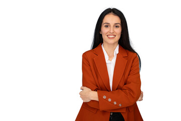 Portrait of a confident businesswoman smiling with crossed arms, isolated on a transparent background, ideal for easy integration into projects