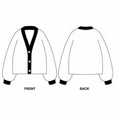 Three button voluminous cardigan template, front and back view. Sketch of basic cardigan with V shaped neckline on chest.