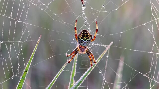 Macro shot of a golden orb spider gracefully crawling across its dewdrop-studded web at sunrise. Each droplet glistens like a crystal under the golden hour light, creating magical, radiant atmosphere.
