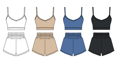 Set of vector drawings of sports uniforms, white, blue, beige, black colors. Sketch of clothing for home, sleep bodice and shorts. Shorts and bra template for fitness, running, gym.