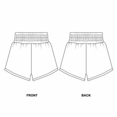 Set of  drawings of sport shorts on elastic band front and back view. Template of basic short shorts. Shorts for home, vacation, sleep, beach, walking in summer.