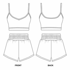 Sketch of home wear, sleep bodice and shorts, front and back view. Set of  designs of sports uniforms.  Template of shorts and bra for fitness, running, gym.