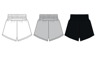 Set of vector designs of sport shorts on elastic band in gray, black, white colors. Template of basic short shorts. Shorts for home, vacation, sleep, beach, walking in summer.