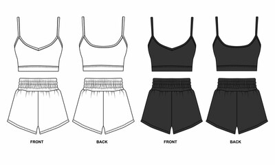 Set of  drawings of sports uniforms, black and white colors. Sketch of clothing for home, sleep bodice and shorts, front and back view. Template of shorts and bra for fitness, run