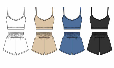 Set of  drawings of sports uniforms, white, blue, beige, black colors. Sketch of clothing for home, sleep bodice and shorts. Shorts and bra template for fitness, running, gym.