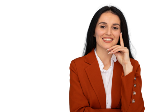 Confident businesswoman in professional studio setting, smiling and touching chin, transparent background enabling seamless design integration