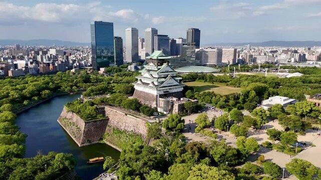 Aerial view of Osaka Castle before sunset, Japan
