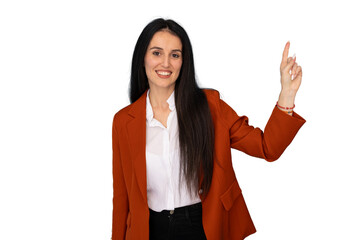 Smiling businesswoman pointing her index finger upwards while showing something on a transparent...