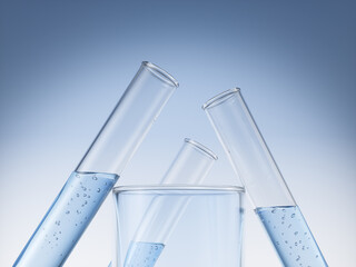 Cosmetic scientific skincare background materials, podium display with glass flask, Laboratory 3d rendering Background.