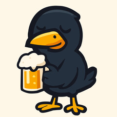 Obraz premium Happy crow hugs beer mug with frothy foam in celebration