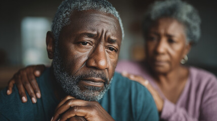 Close-up of a senior African American man, pensive expression, comforted by a woman's hand on his shoulder, conveying empathy and support, depicting themes of aging and companionship