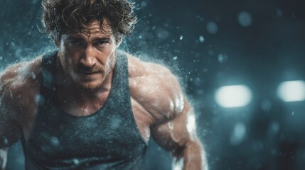 Intense Fitness Moment A Muscular Individual in Action Drenched in Sweat Highlighting Streng