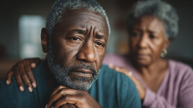 Close-up of a senior African American man, pensive expression, comforted by a woman's hand on his shoulder, conveying empathy and support, depicting themes of aging and companionship