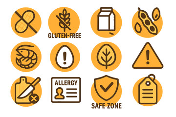 Food allergy warning signs: gluten-free, allergens, safe zone icons on gold background