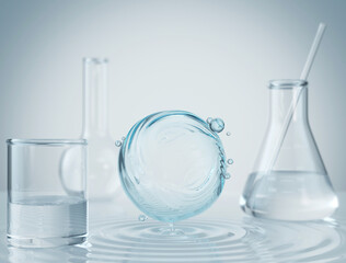 Cosmetic Essence, Liquid bubble with glass flask and cylinder equipment in medical science lab background, 3d rendering