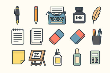 Vintage stationery and writing tools collection with feather quill, typewriter, and ink bottle