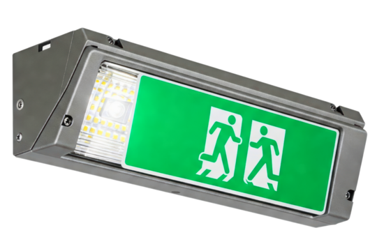 Illuminated exit sign for emergency safety and awareness isolated on a transparent background