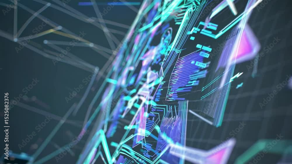 Poster exploring the vibrant city skyline illuminated with futuristic digital art and technology